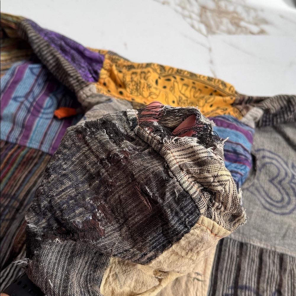 Bohemian Patchwork Distressed Pull Over Hooded Sw… - image 8